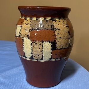 Eldreth Pottery Signed 8” Redware Vase Patchwork 2003